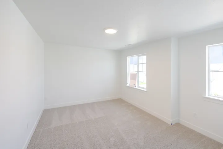 Recessed ceiling light, two windows with white trim, and light-toned carpeting