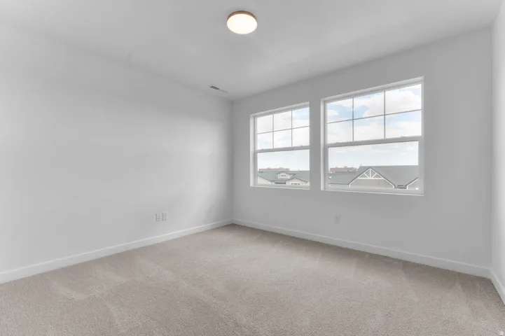 Neutral carpeted room with white walls, two double-hung windows, white baseboards, and a flush-mount ceiling light fixture