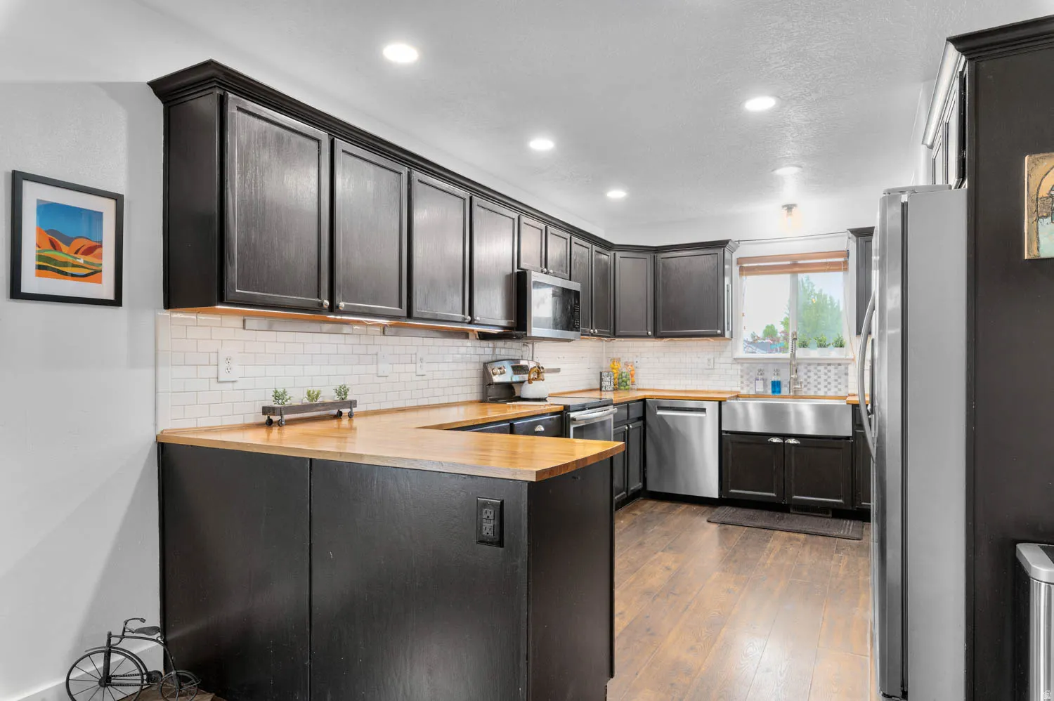 Kitchen with decorative backsplash, stainless steel appliances, dark wood-style flooring, a peninsula, and recessed lighting