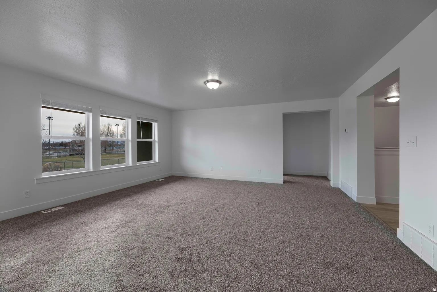Empty room with light colored carpet and a textured ceiling