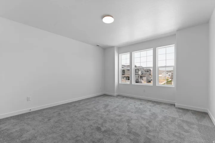 Room with three large gridded windows, light gray carpeting, white walls, and a flush-mount ceiling light fixture