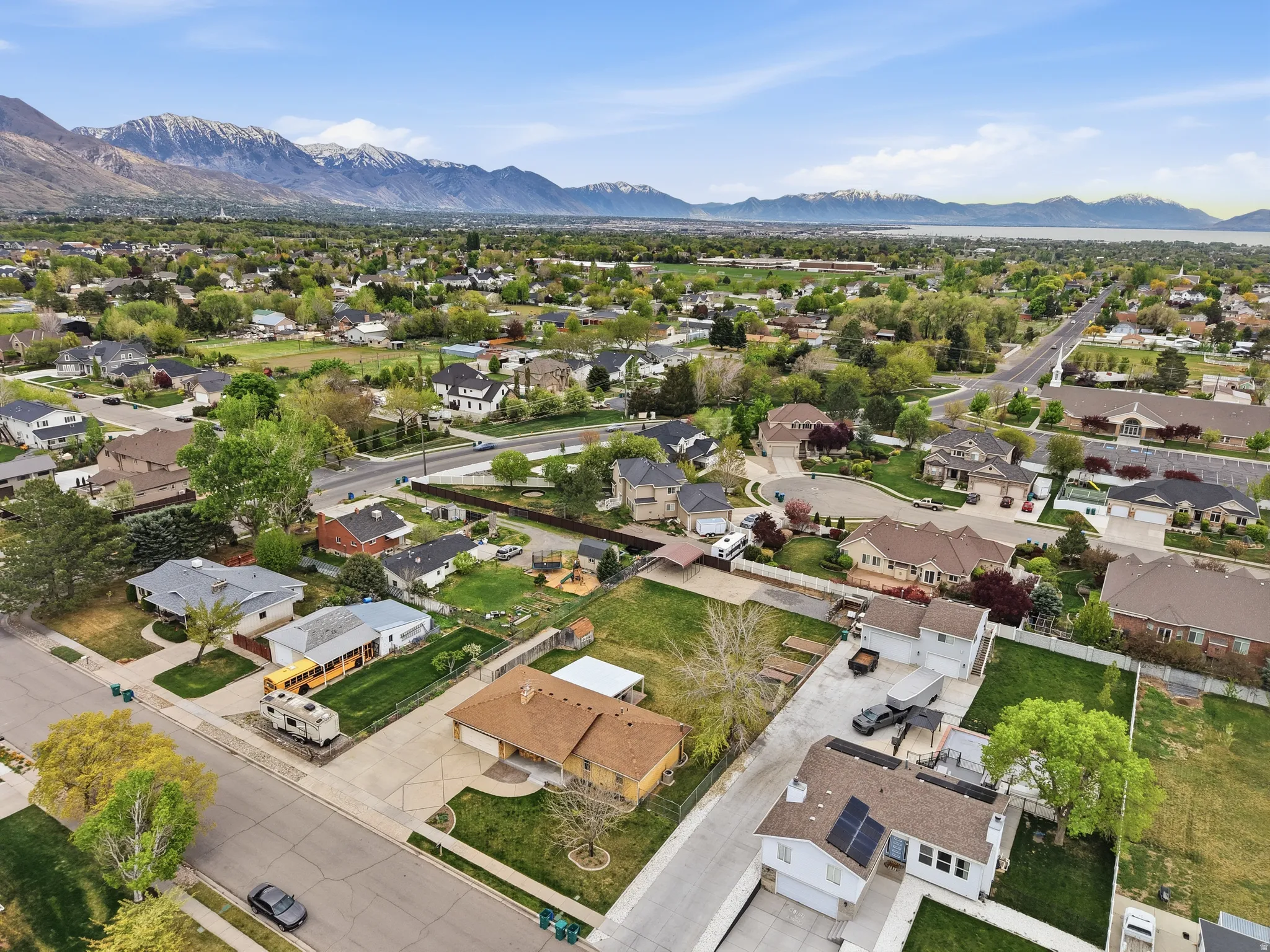 Aerial perspective of suburban area with mountains