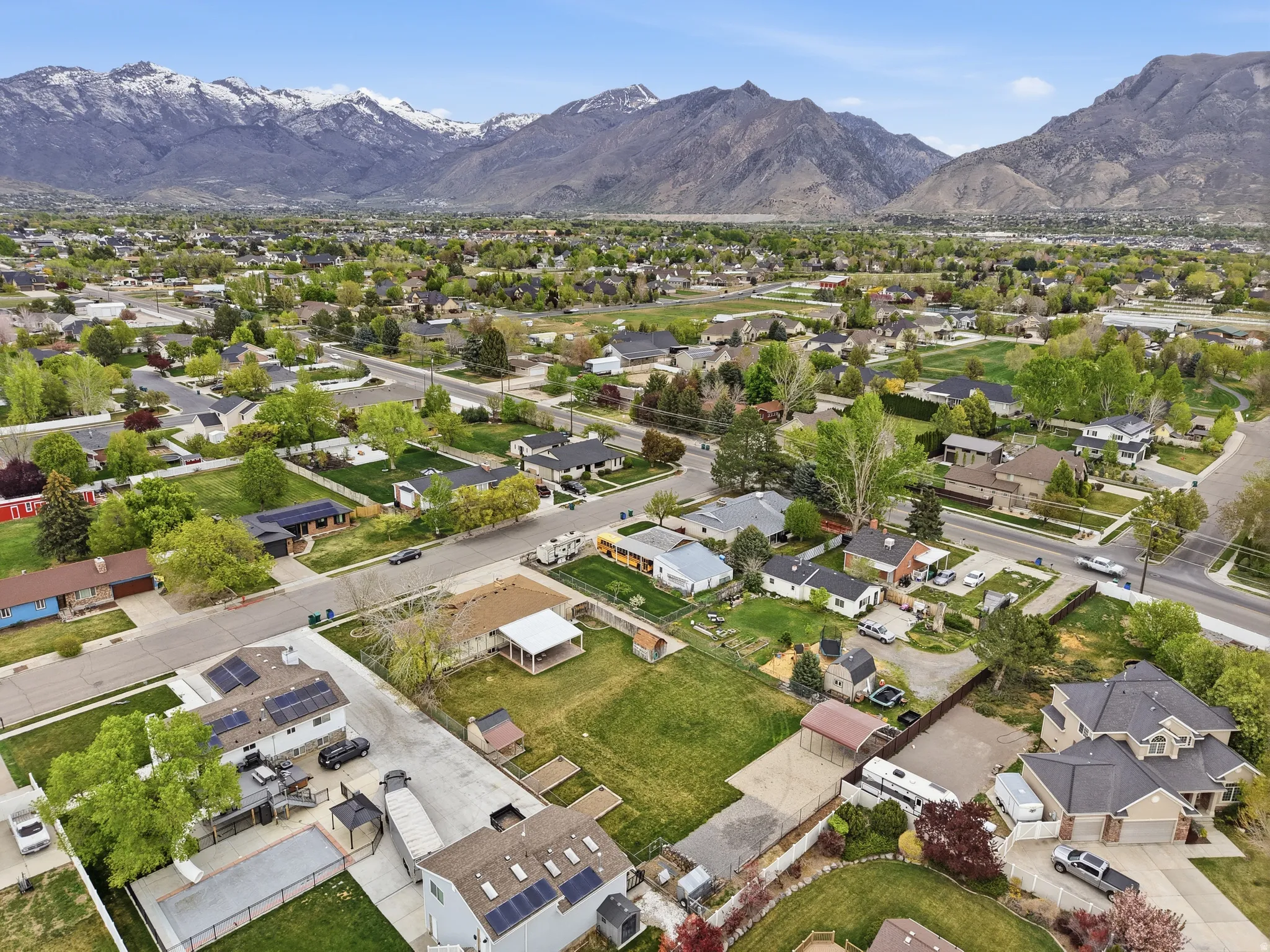 Aerial perspective of suburban area with mountains