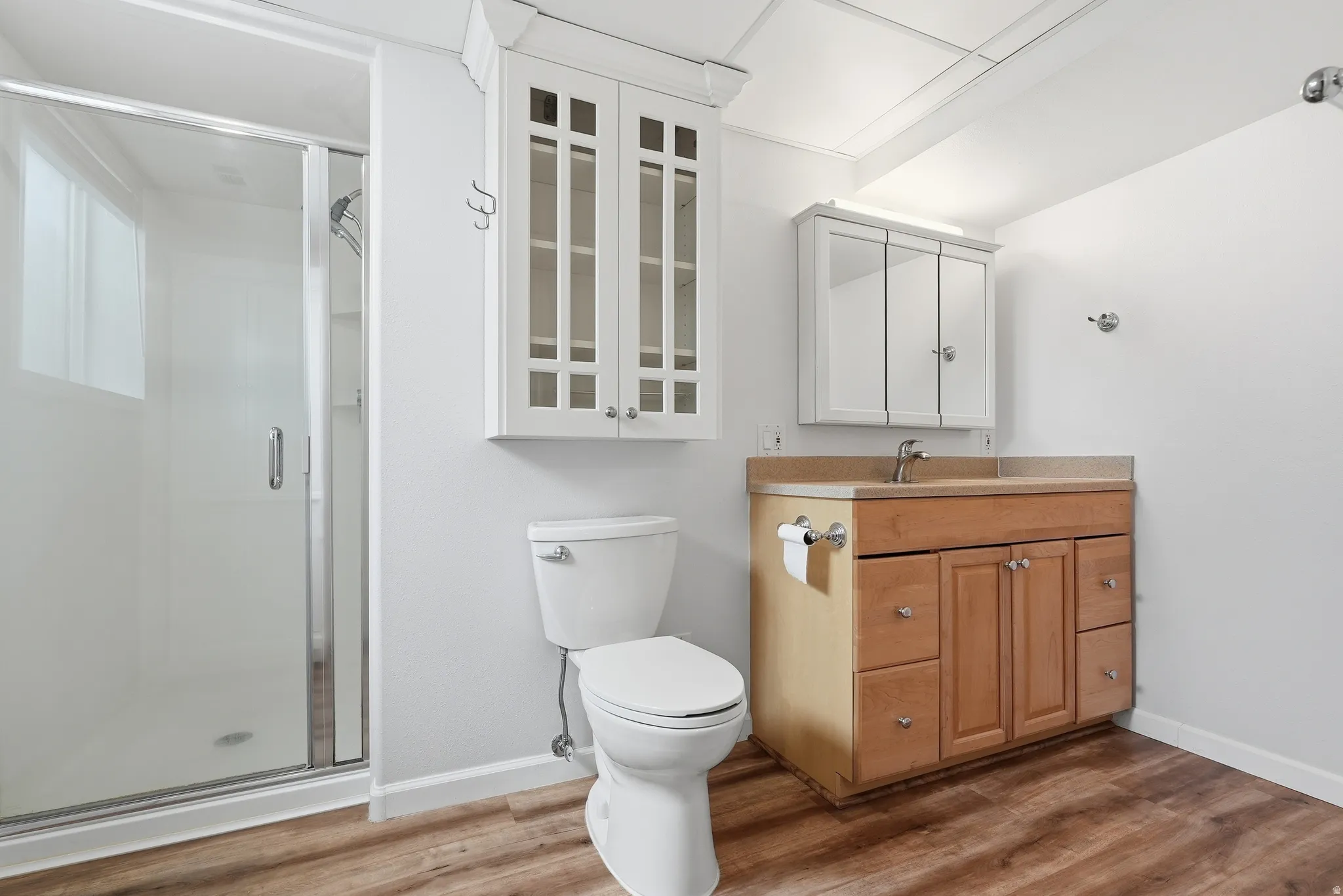 Full bathroom with vanity, a shower stall, and light wood-type flooring