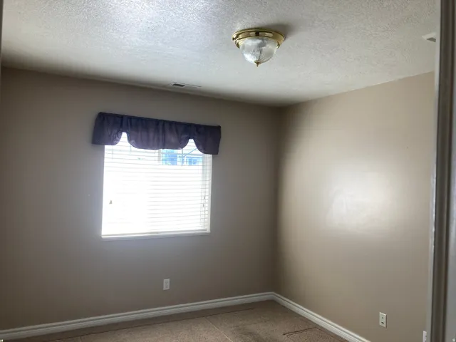 Spare room with light colored carpet and a textured ceiling