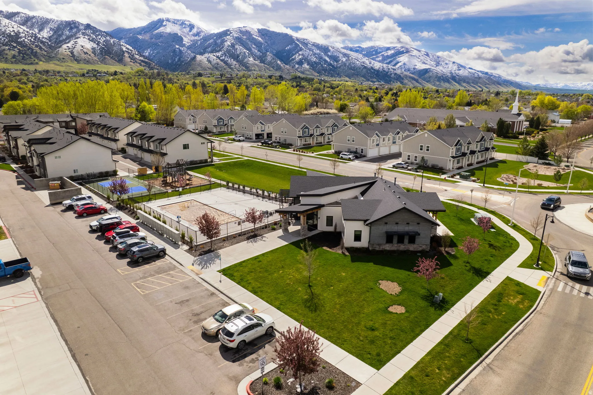 Aerial perspective of suburban area with mountains