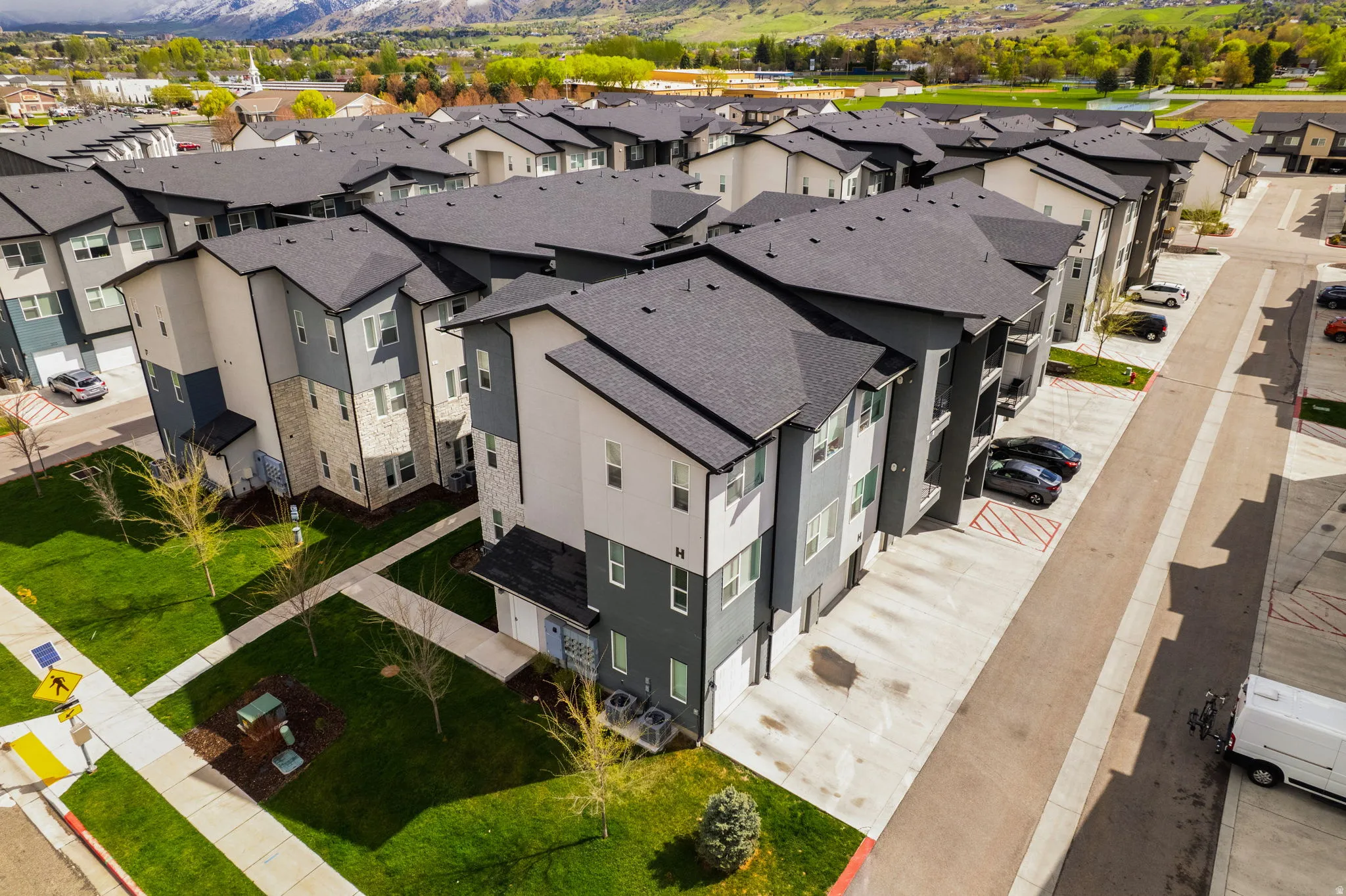 Aerial view of residential area with mountains
