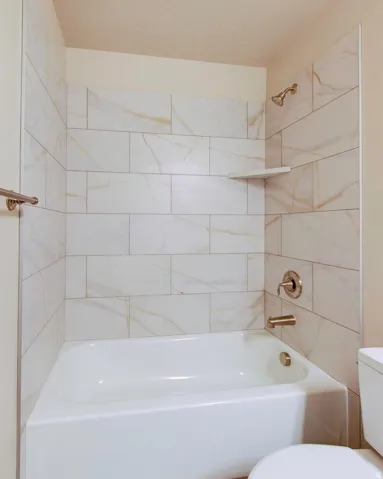 Full bathroom with toilet and shower / washtub combination