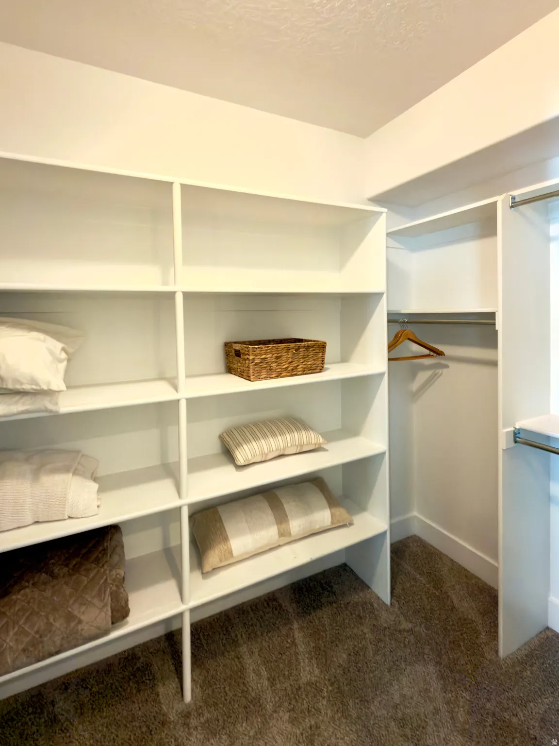 Walk in closet with dark carpet