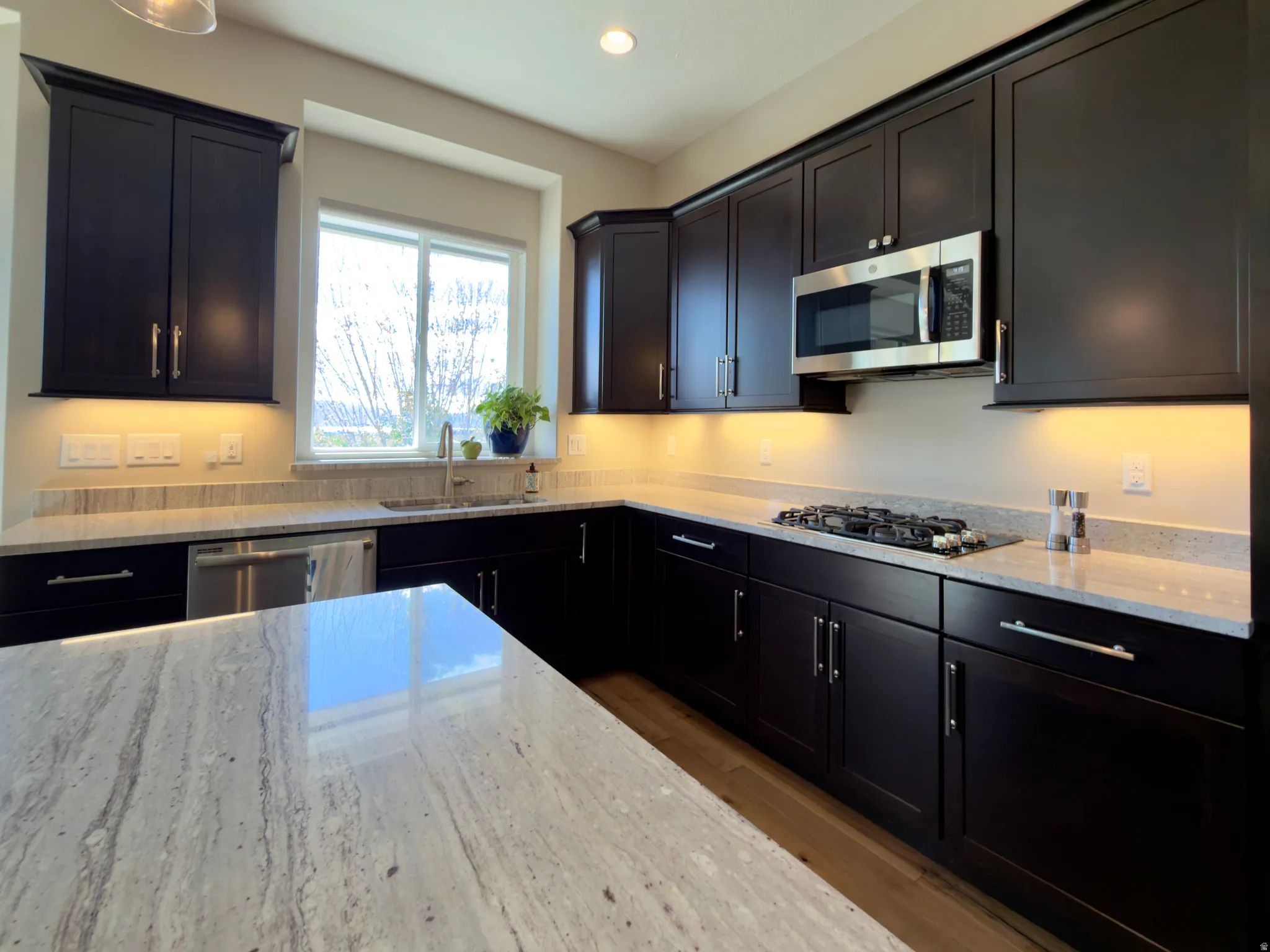 Kitchen featuring stainless steel appliances, light stone countertops, wood finished floors, recessed lighting, and dark cabinets