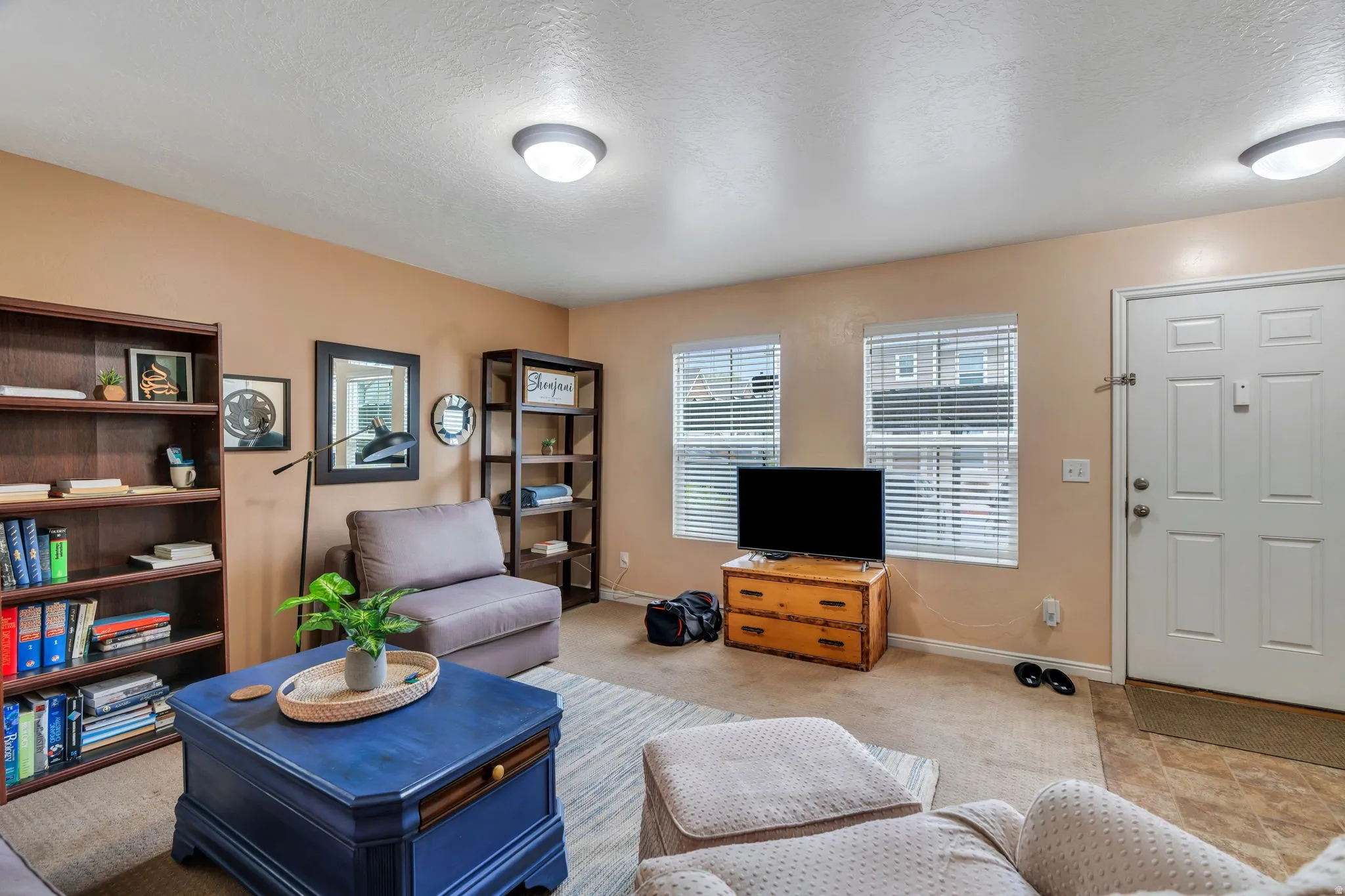 Living room with a textured ceiling and light carpet