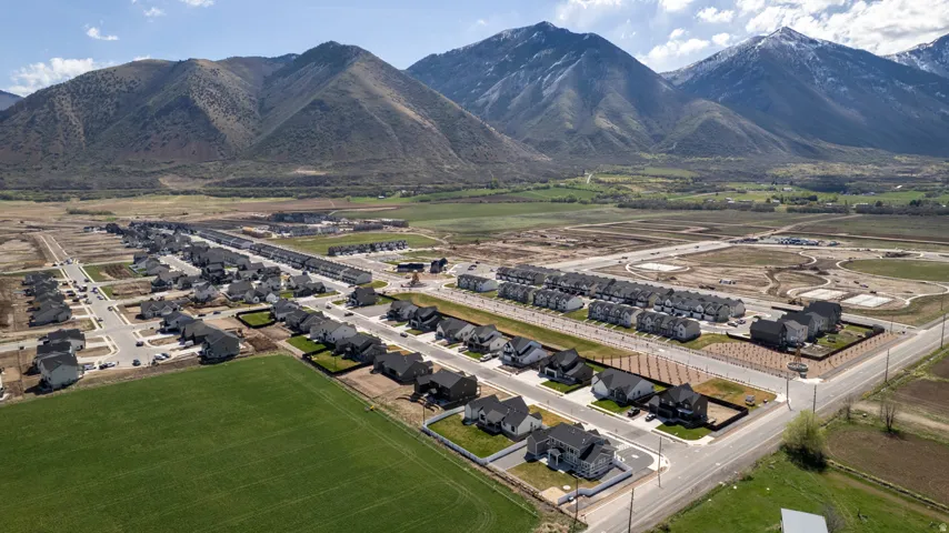 Aerial perspective of suburban area featuring a mountainous background