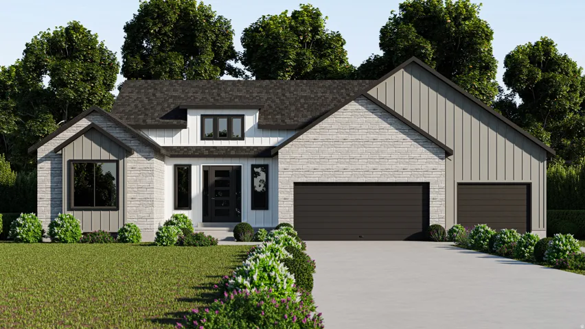 Modern farmhouse with an attached garage, driveway, stone siding, and roof with shingles