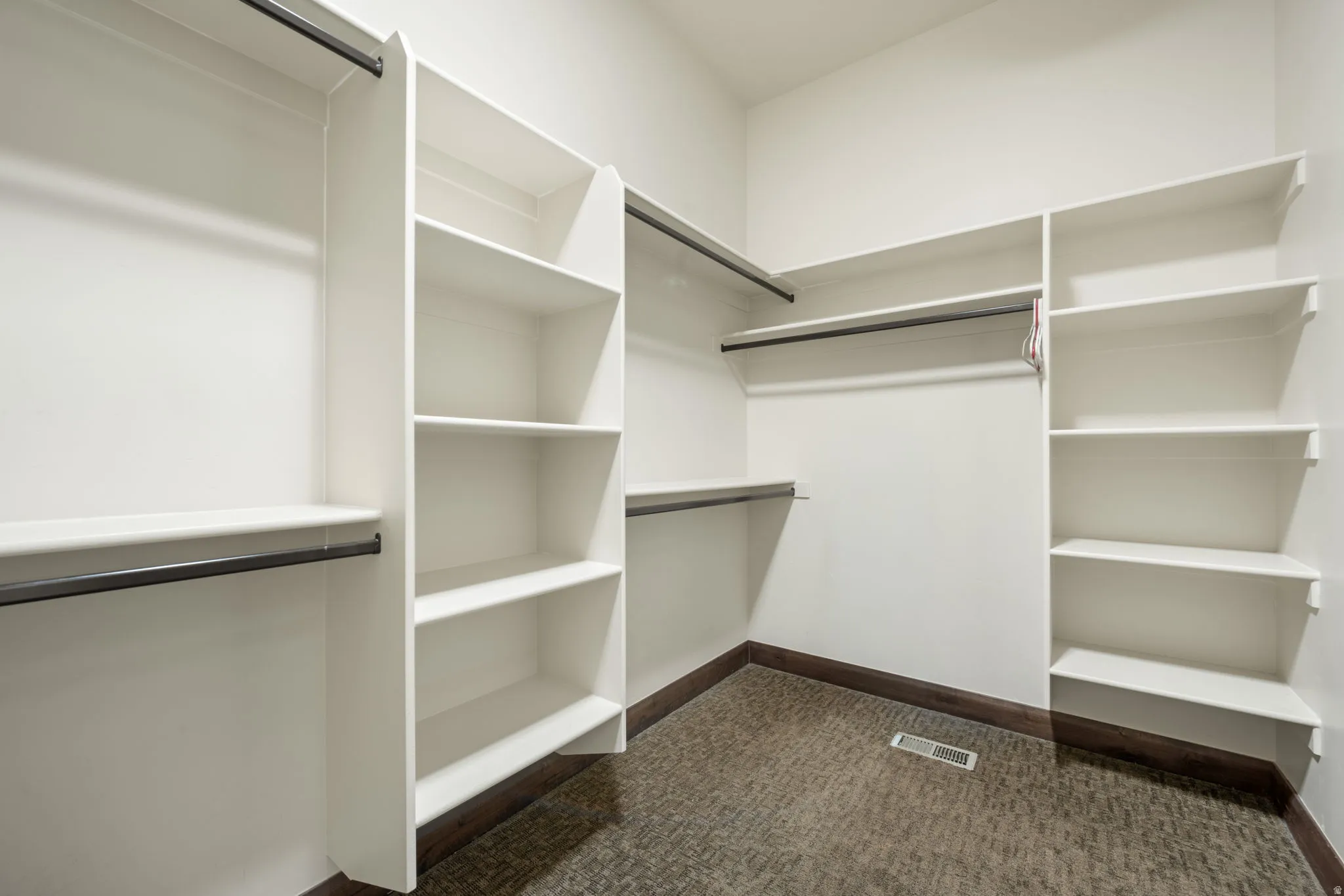 Walk in closet with dark colored carpet
