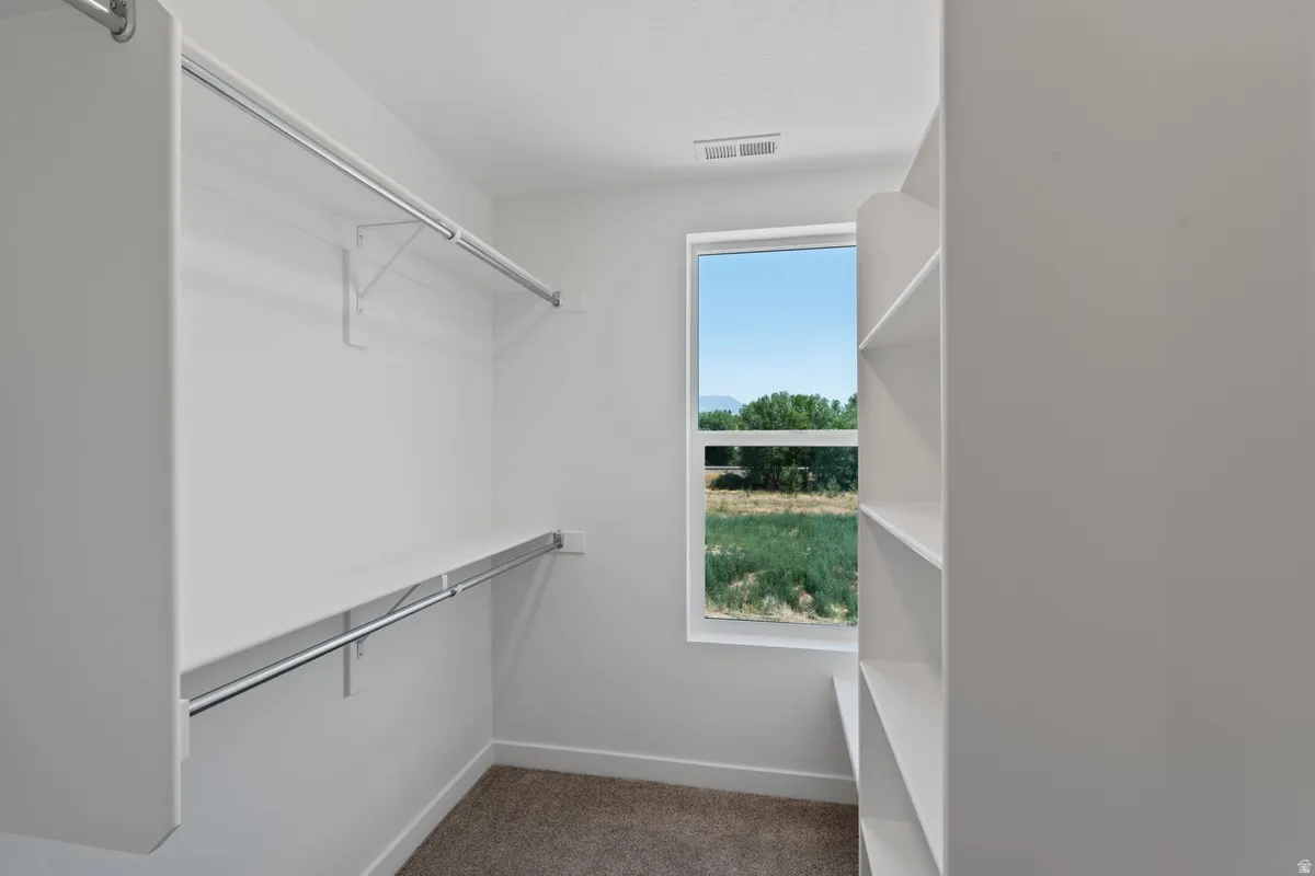 Walk in closet with dark carpet
