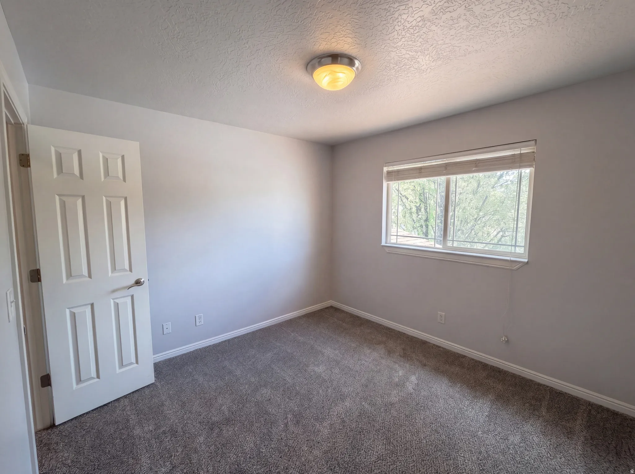 Unfurnished room with dark colored carpet and a textured ceiling
