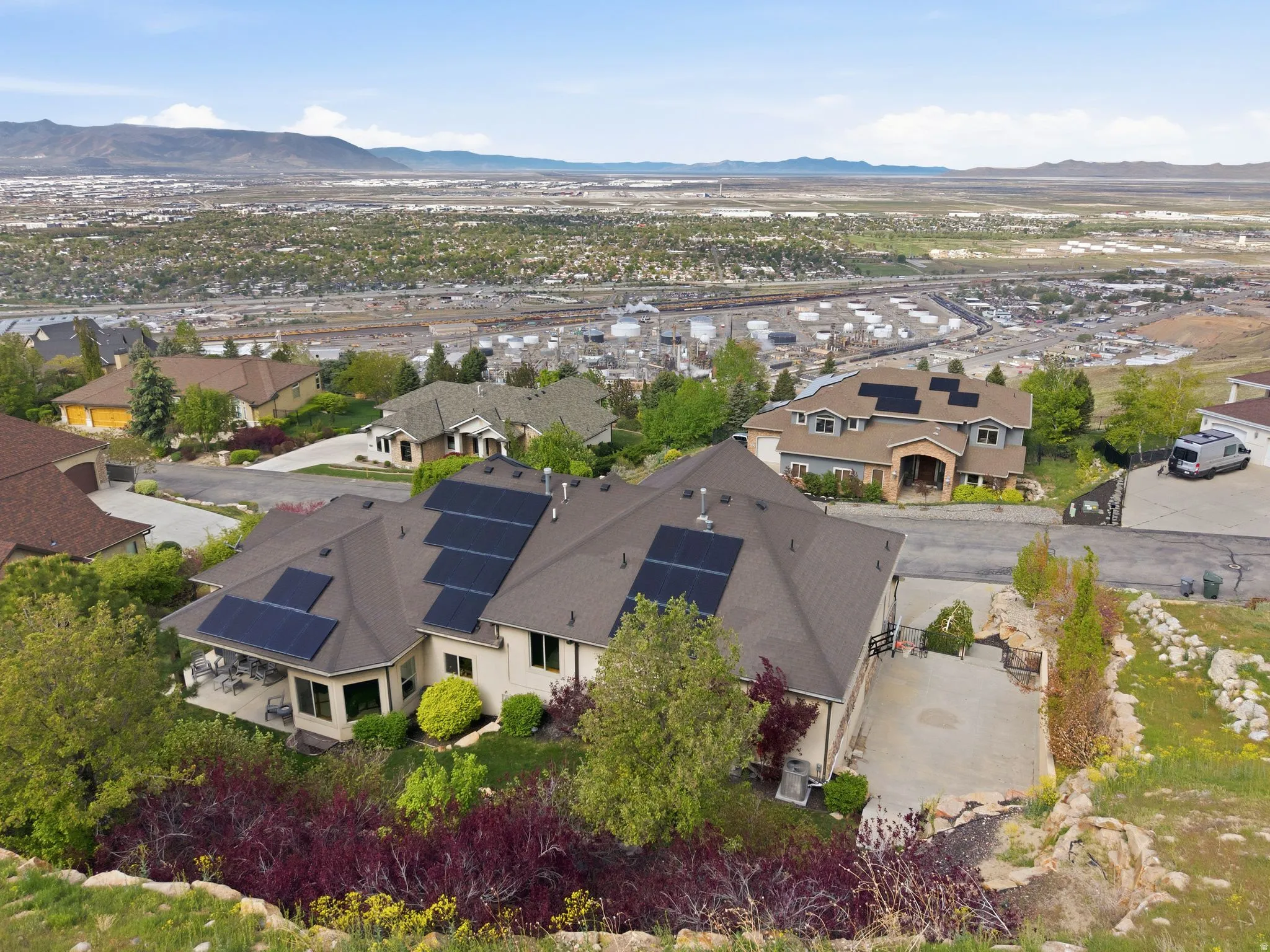 Aerial view of residential area with mountains