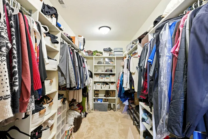 Primary walk in closet featuring light colored carpet