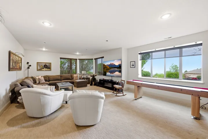 Lower level family room with light carpet, healthy amount of natural light, and 2nd kitchen