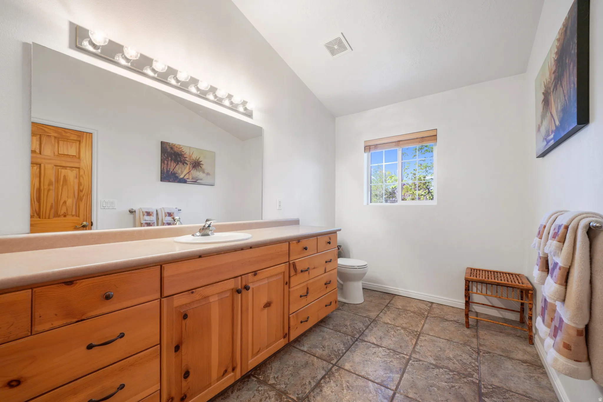 Master bath featuring vanity, dark stone finish floors, and lofted ceiling