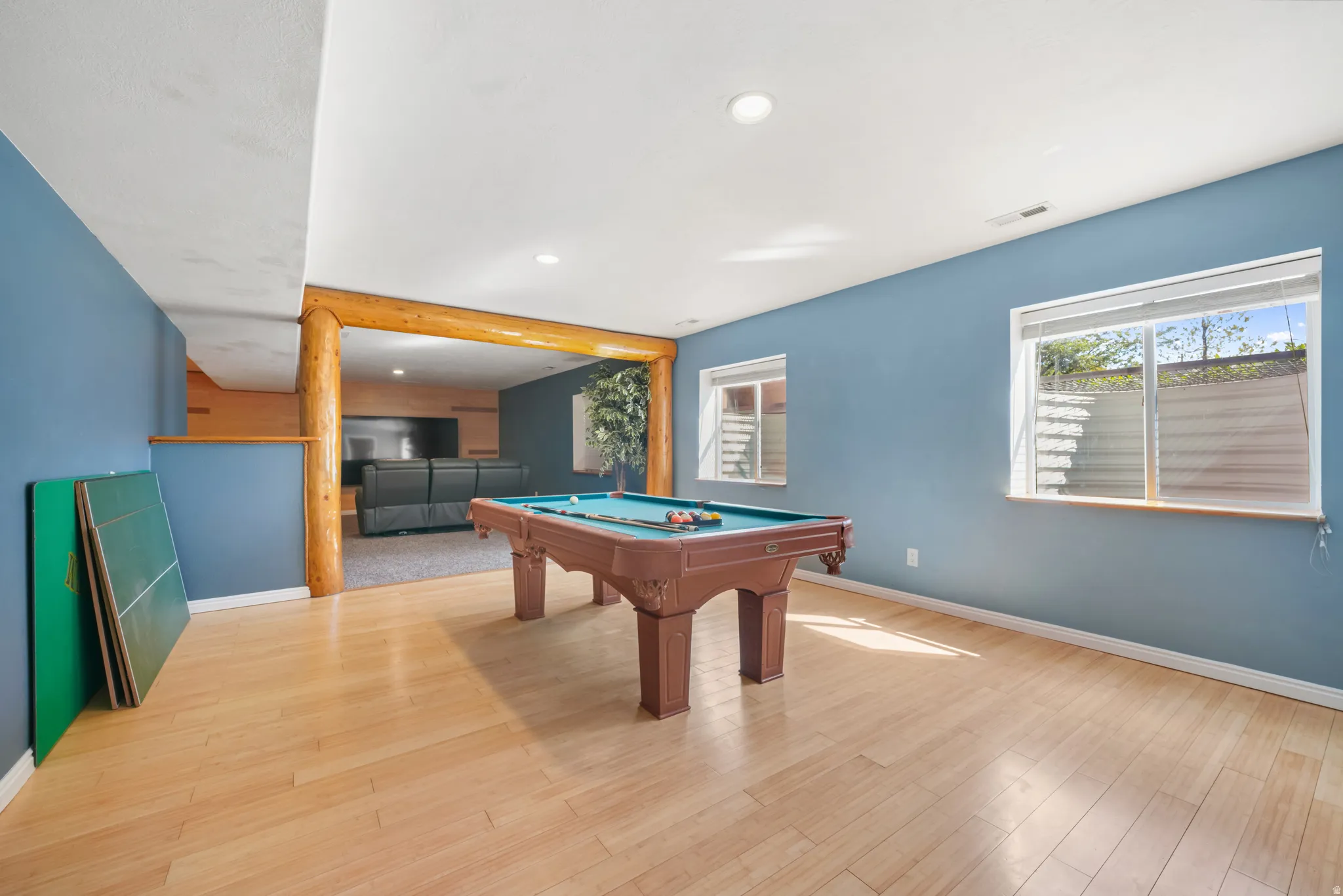 Rec room with recessed lighting, pool table, and light wood-style floors