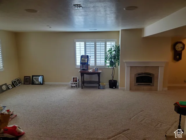 Living room with carpet flooring and a fireplace