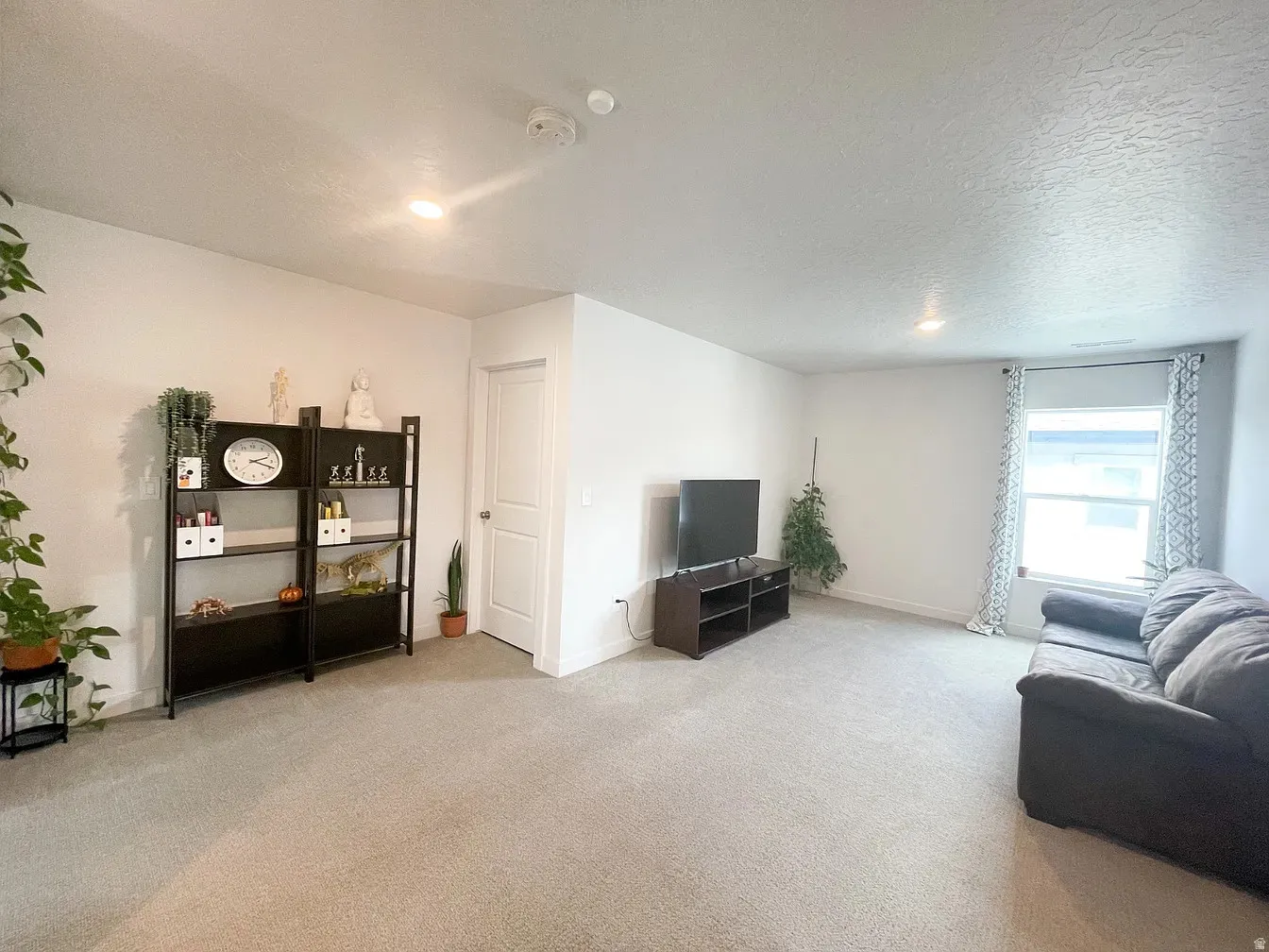 Living room with light carpet and a textured ceiling