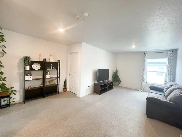 Living room with light carpet and a textured ceiling