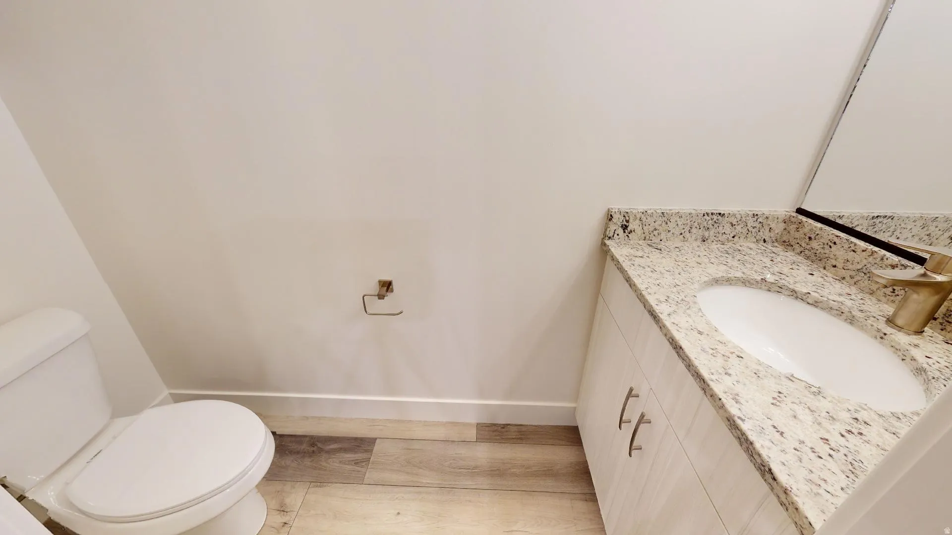 Half bathroom with vanity and light wood finished floors