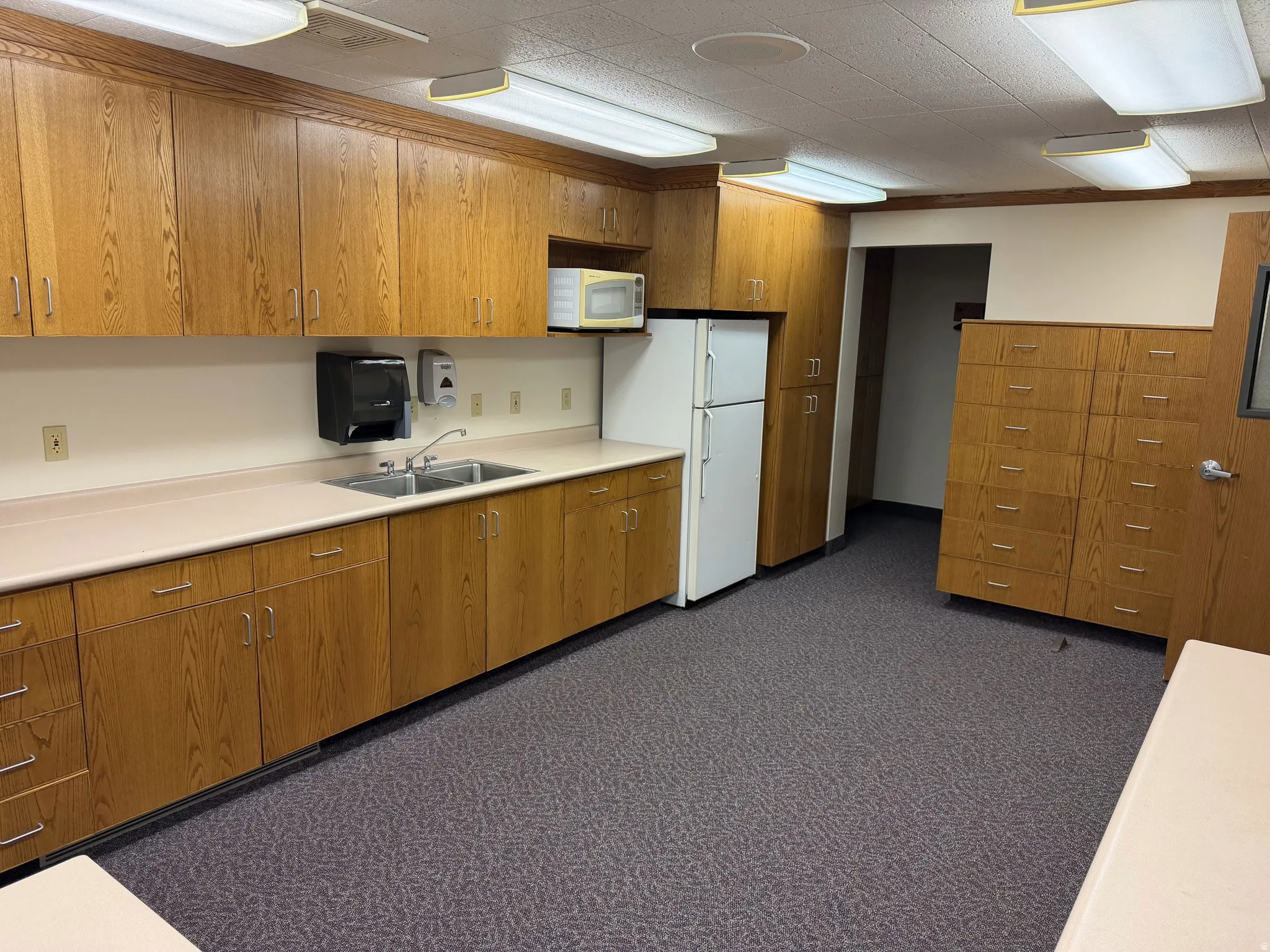 Kitchen with dark colored carpet, white appliances, light countertops, and wood finish cabinetry