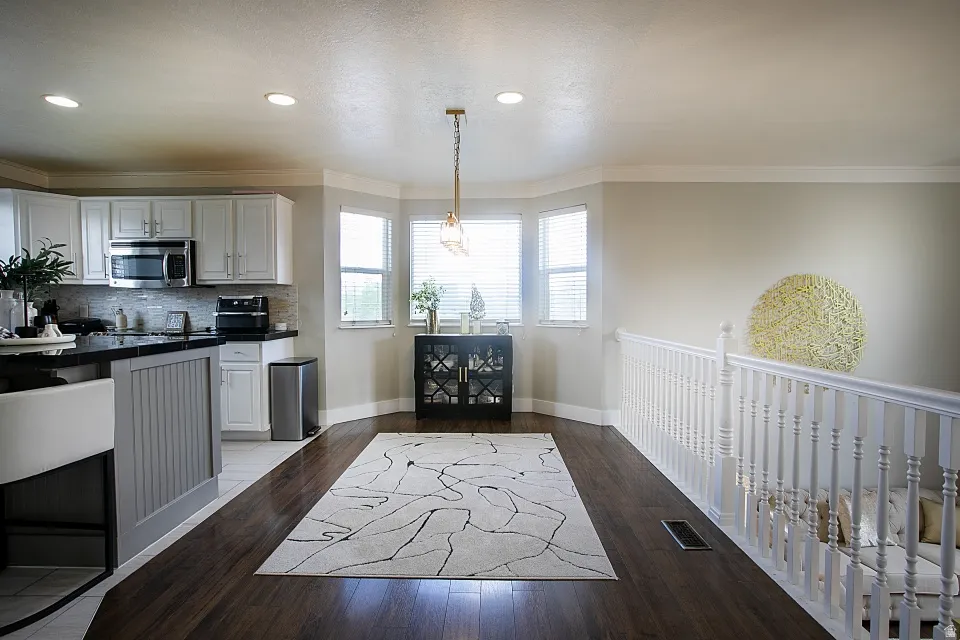 Dining area with bay window.