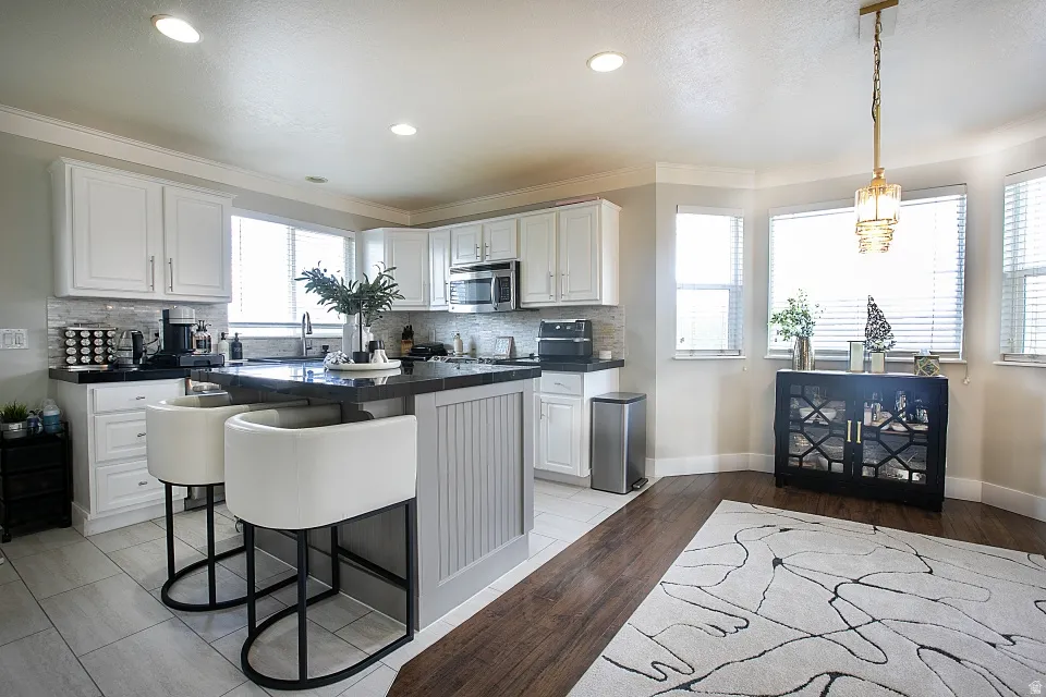 Updated kitchen with island.