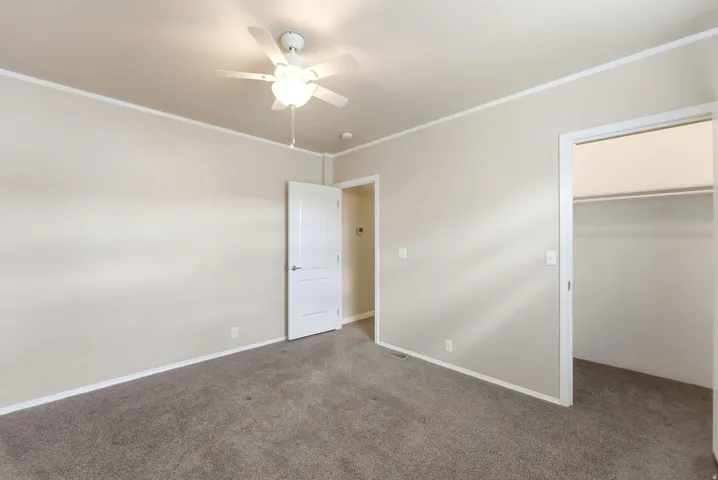 Unfurnished bedroom with a spacious closet, dark carpet, crown molding, and ceiling fan