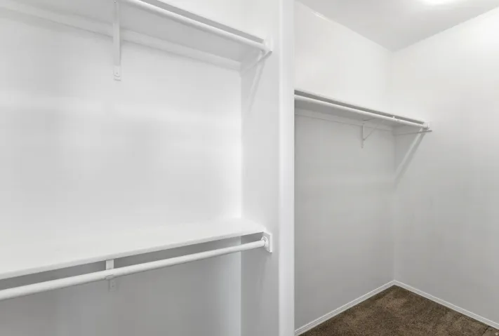 Walk in closet featuring dark colored carpet