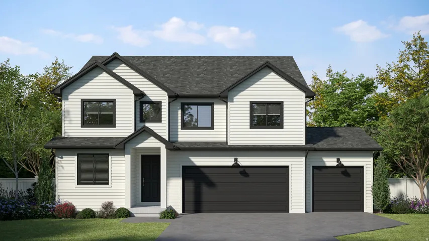 View of front of house with driveway, roof with shingles, and a garage