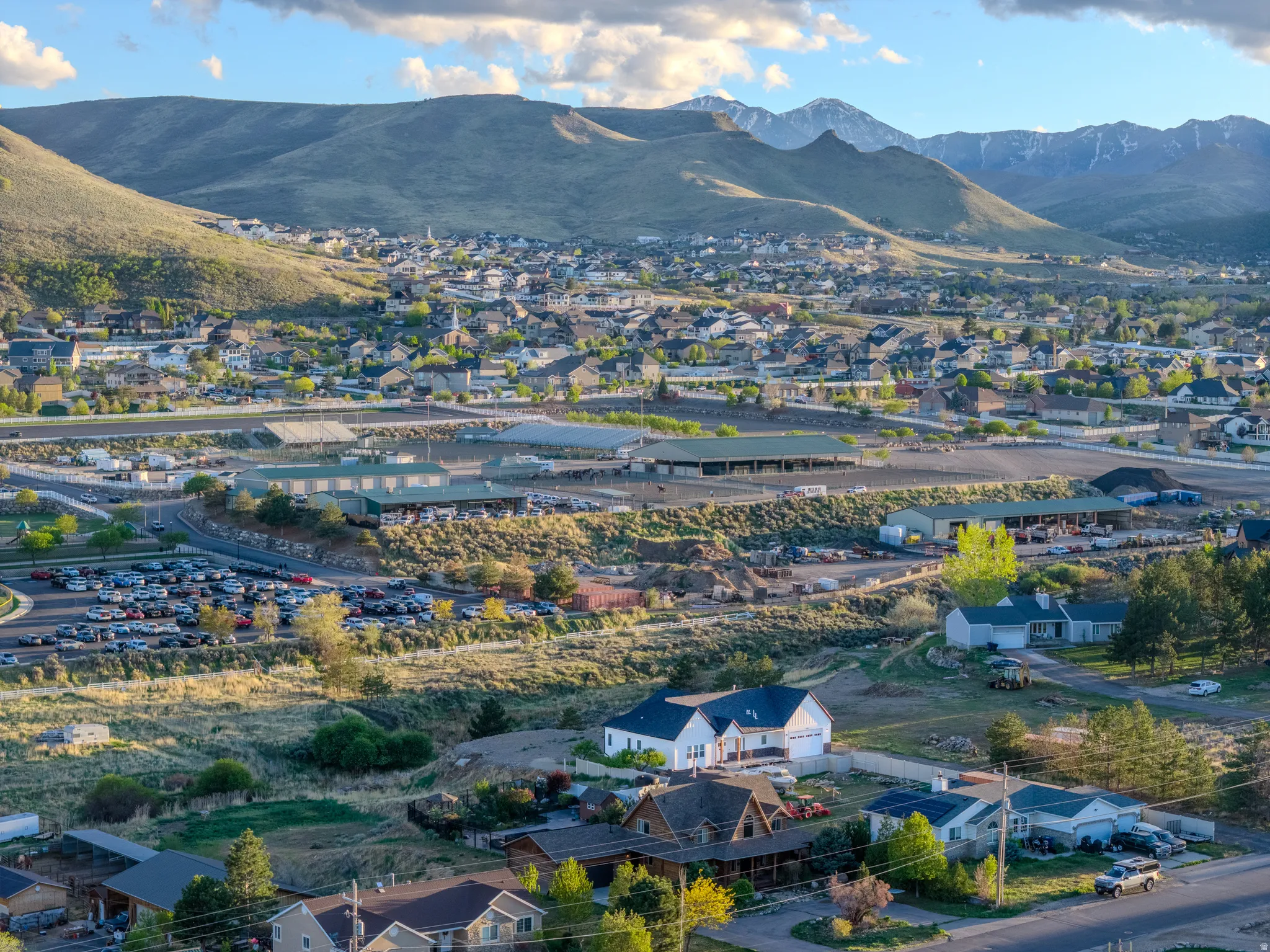 Aerial perspective of suburban area featuring mountains