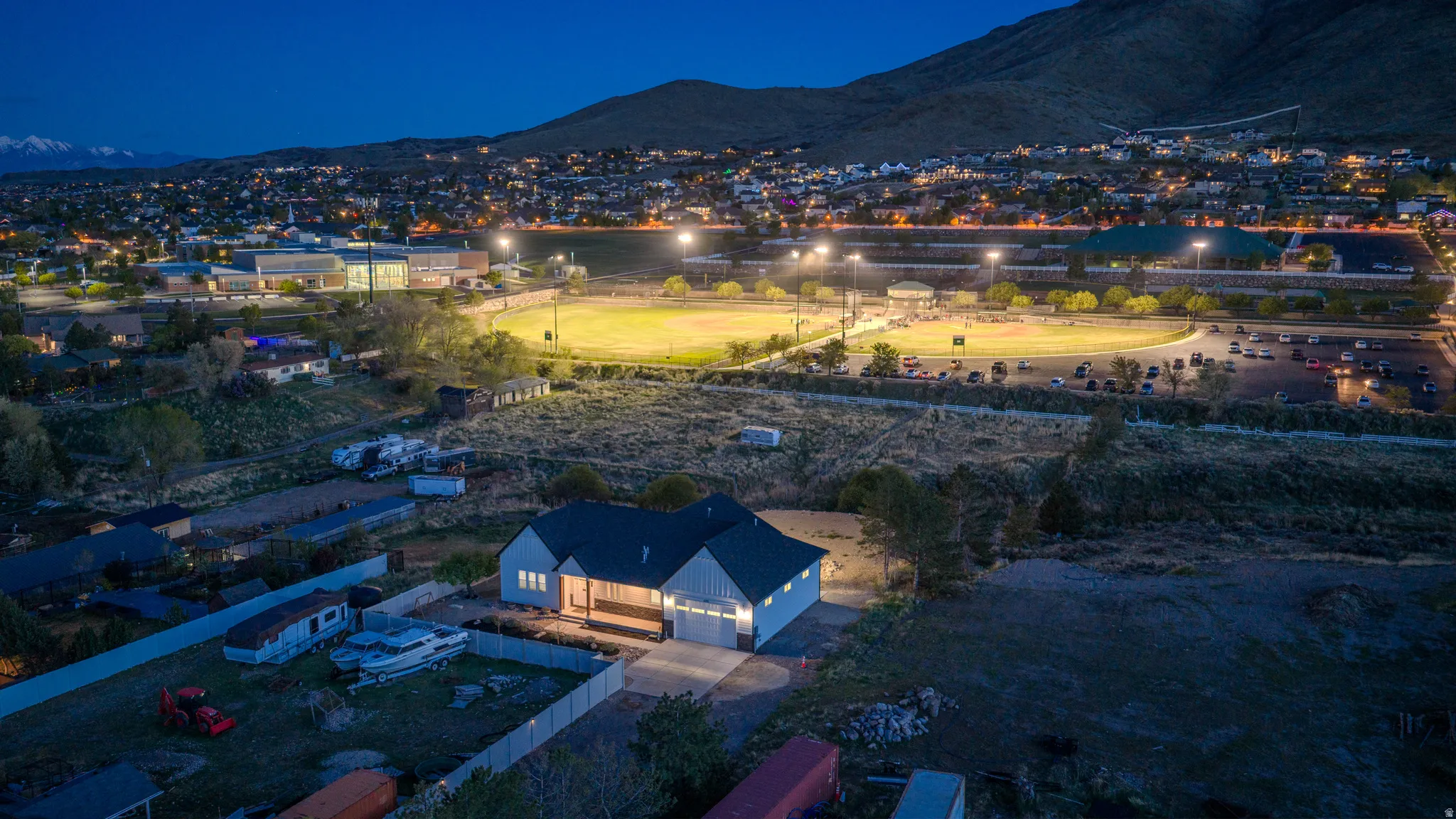 Aerial view at night of a mountain view