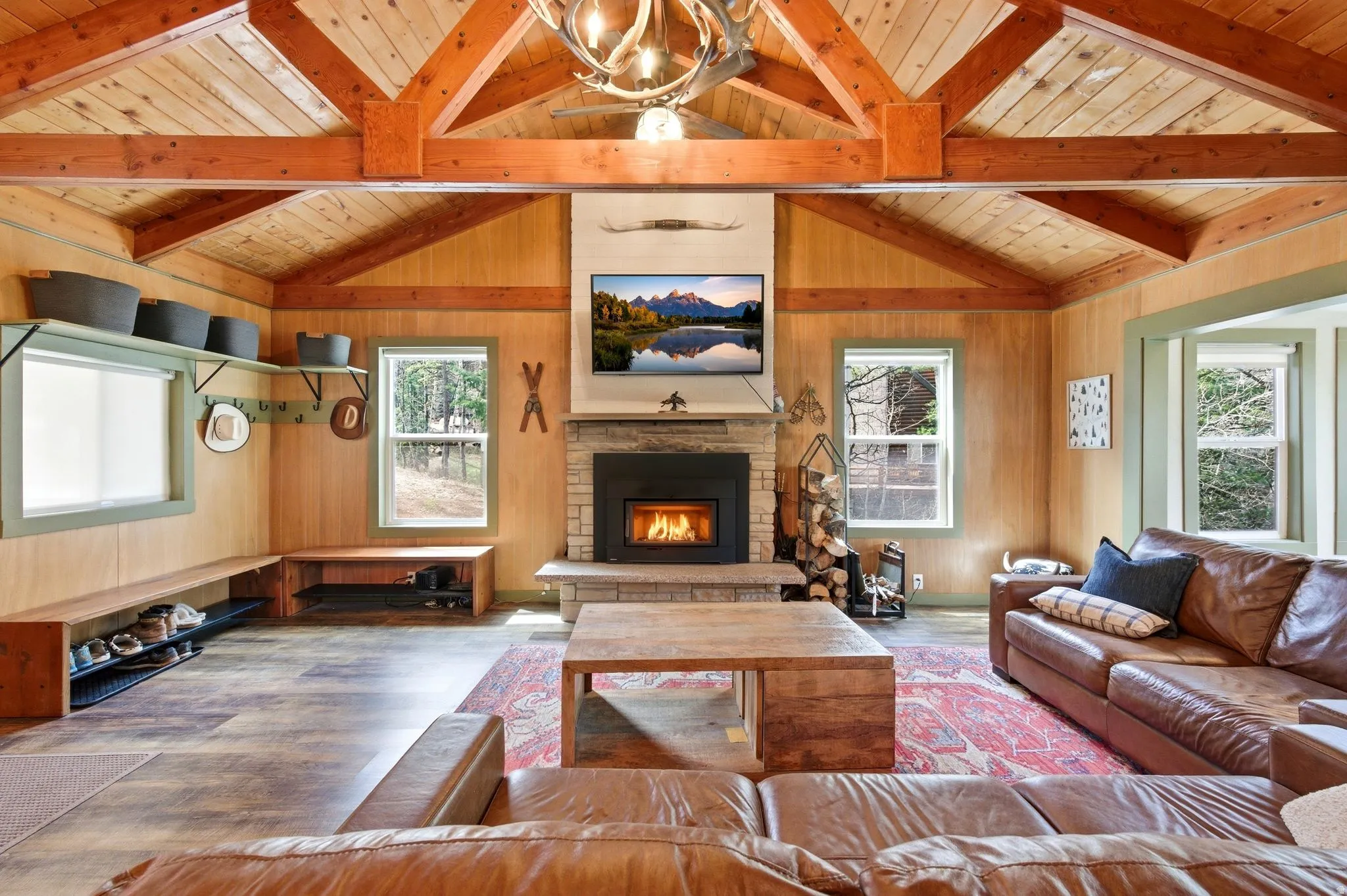 Living room with wood burning fireplace