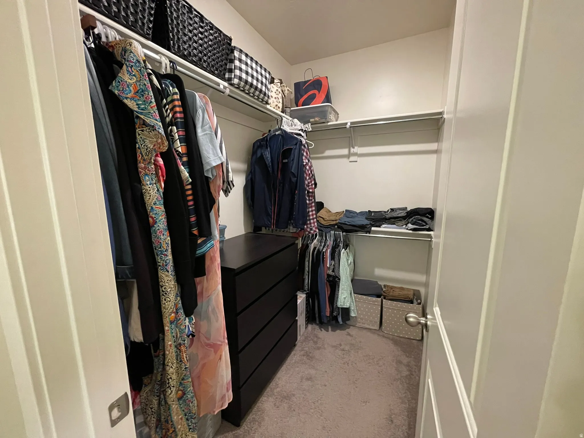 Walk in closet with light colored carpet