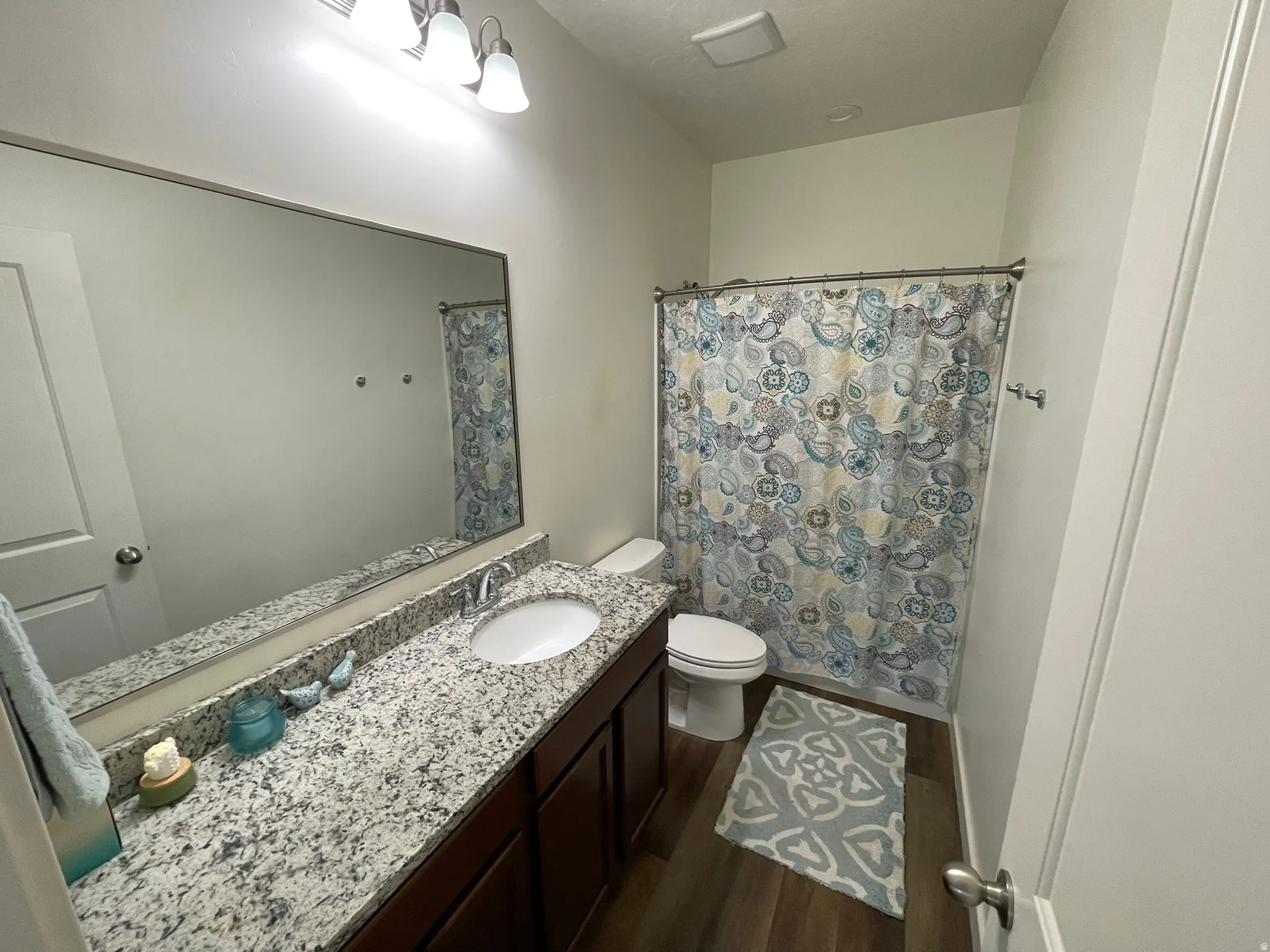 Bathroom featuring vanity and dark wood finished floors
