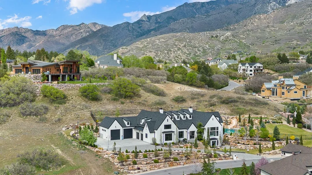 Drone / aerial view of a mountainous background