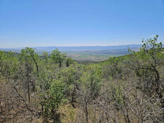 Expansive landscape featuring distant mountains and a broad valley under a clear blue sky
