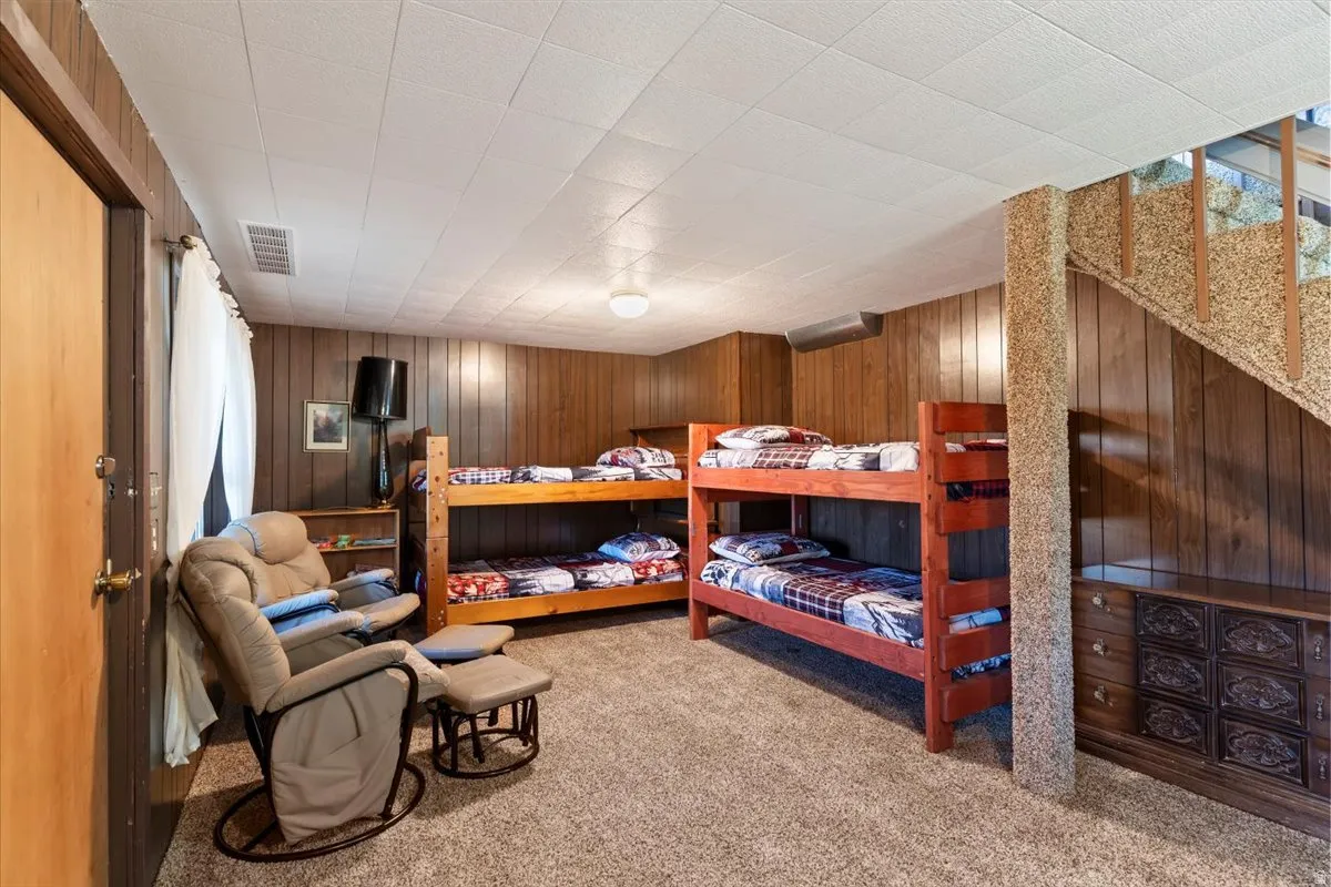 Basement with light colored carpet and wood walls