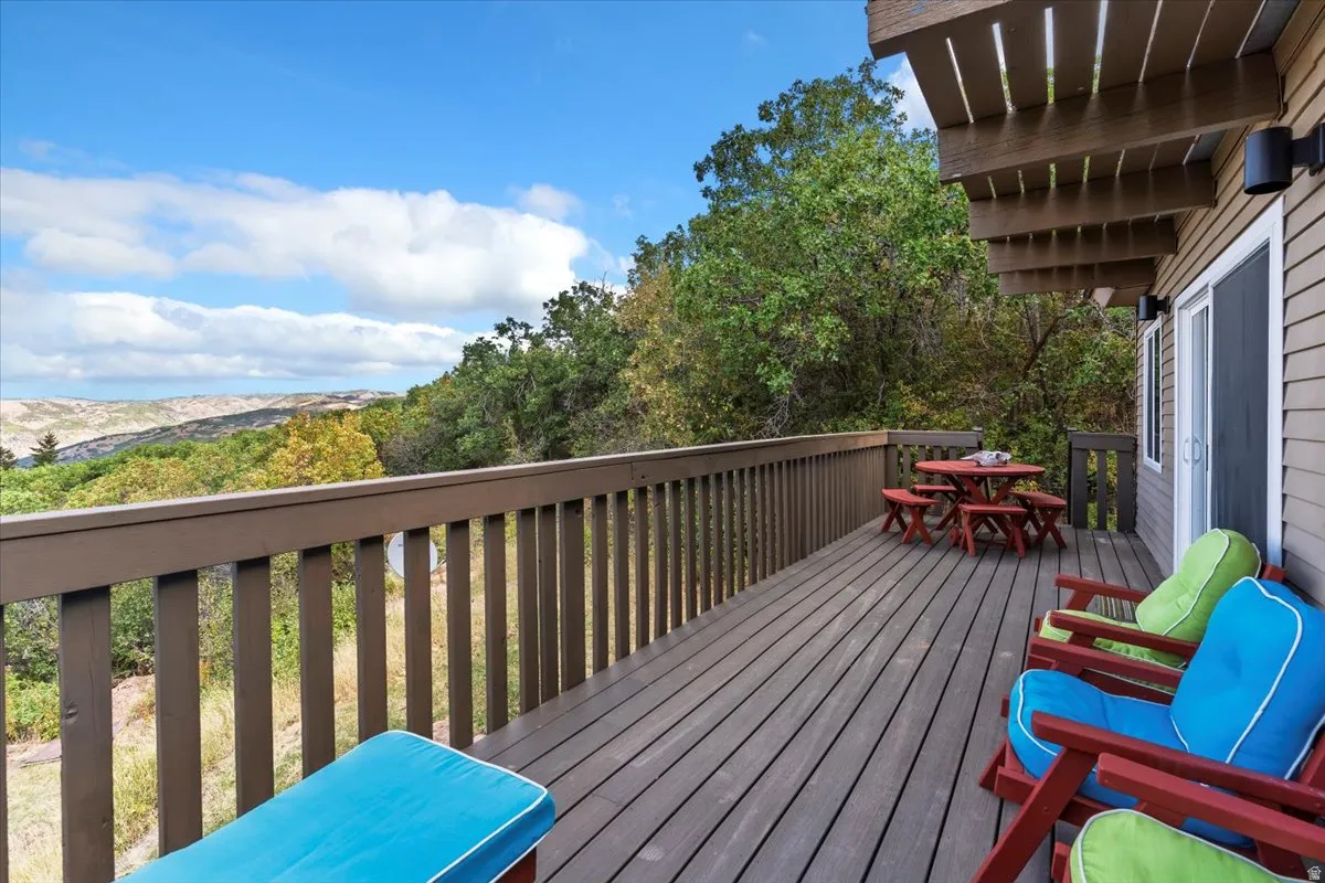 Wooden deck featuring outdoor dining area