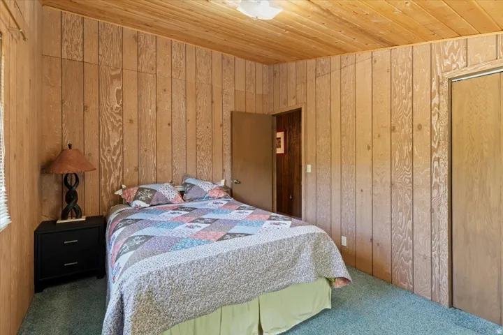Carpeted bedroom featuring wood ceiling and wooden walls