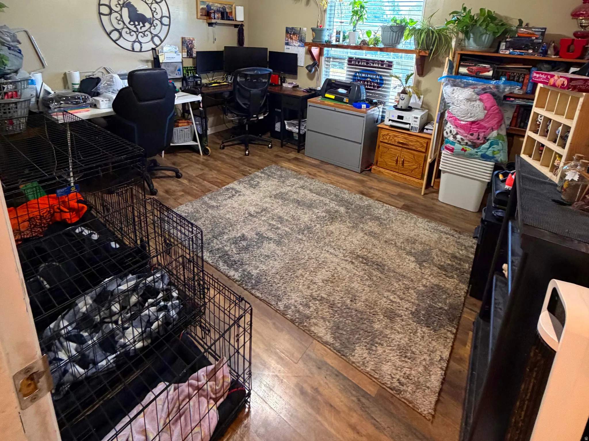 Office space with dark wood-type flooring and crown molding
