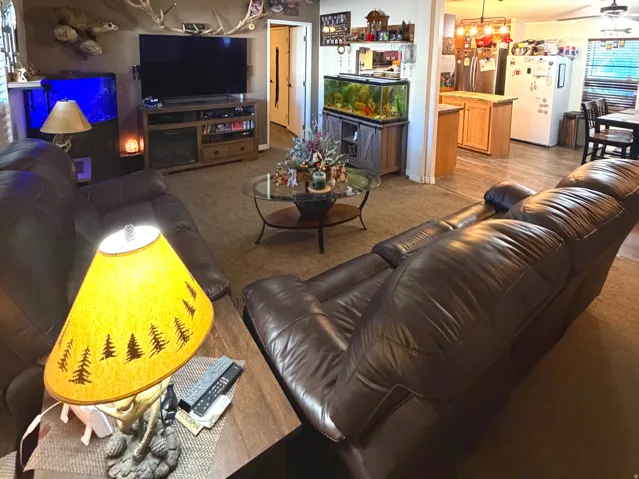 Living room with a ceiling fan, wood finished floors, and hanging lights