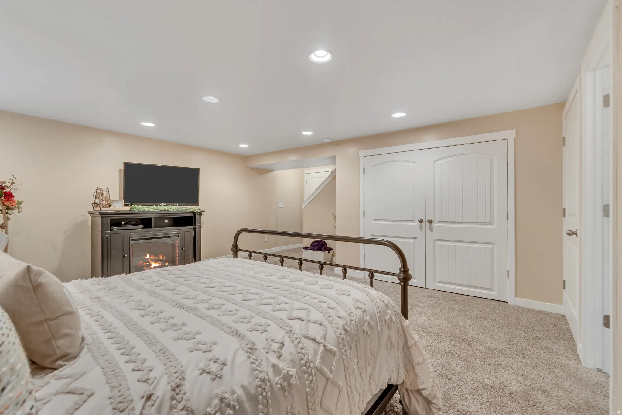 Finished basement with a full bathroom.