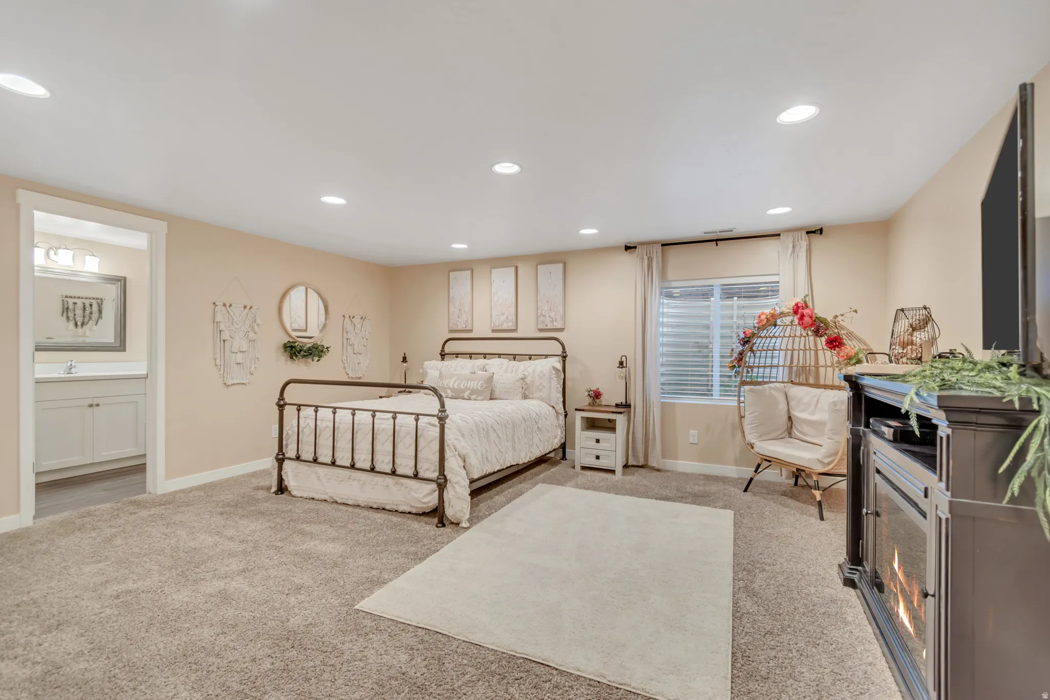 Finished basement with a full bathroom.