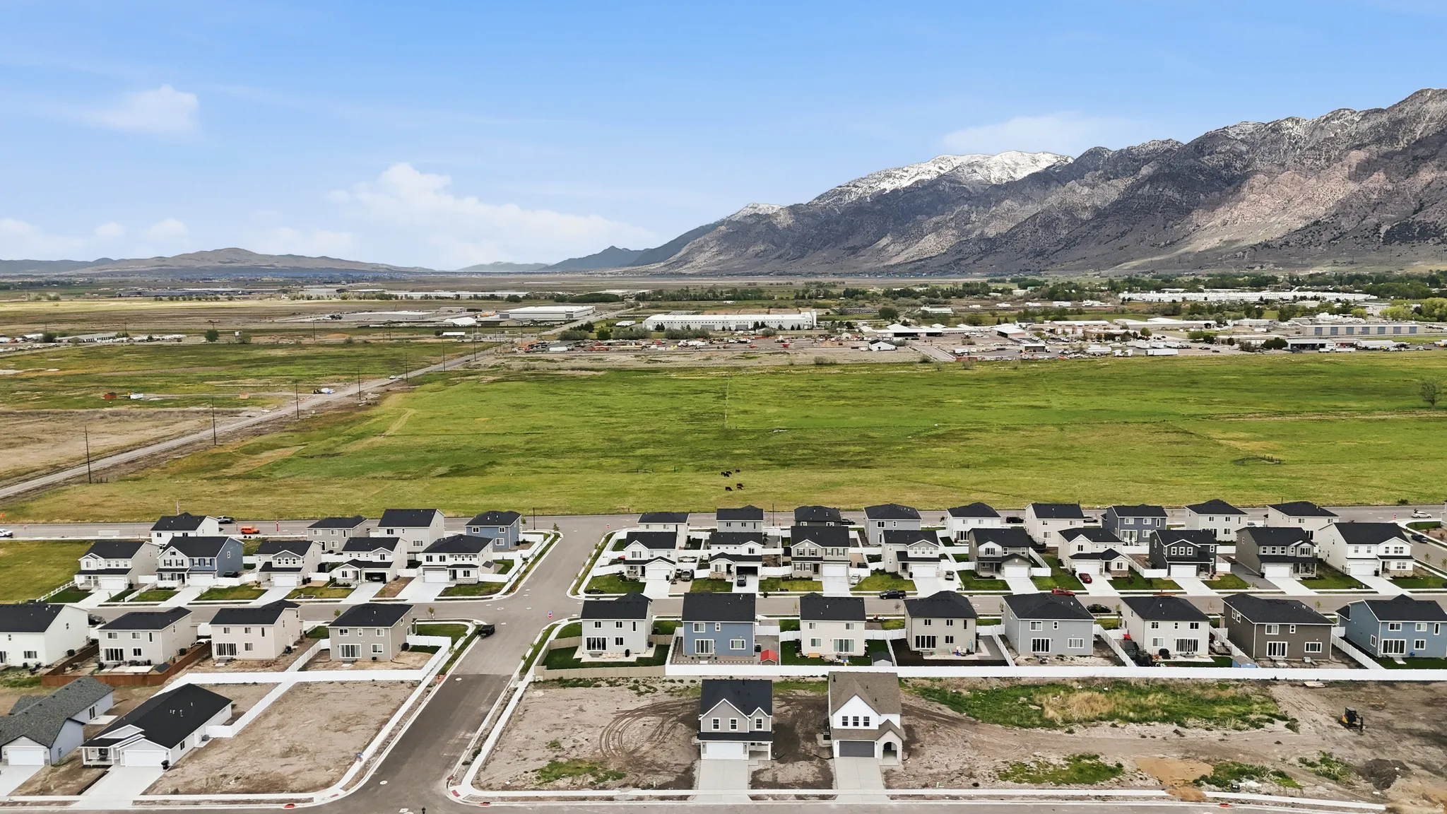 Aerial perspective of suburban area featuring a mountainous background